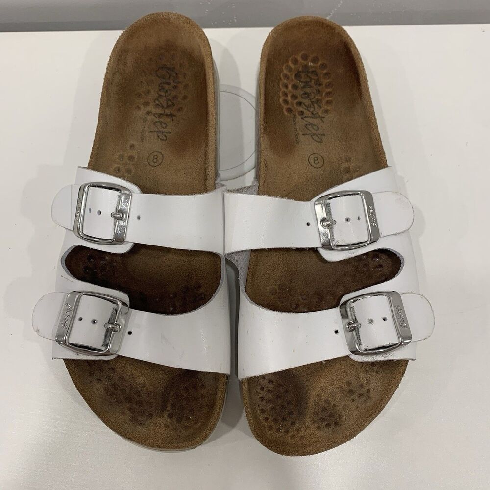 BIOSTEP White Leather Double Strap Buckle Comfort Slides Sz 8 Made Spain